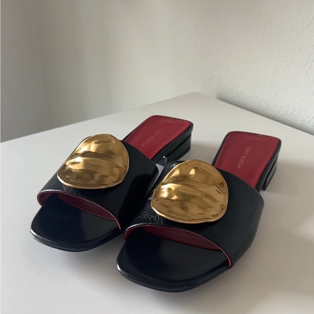 Tory Burch Black and Gold Mules with Pointed Toe